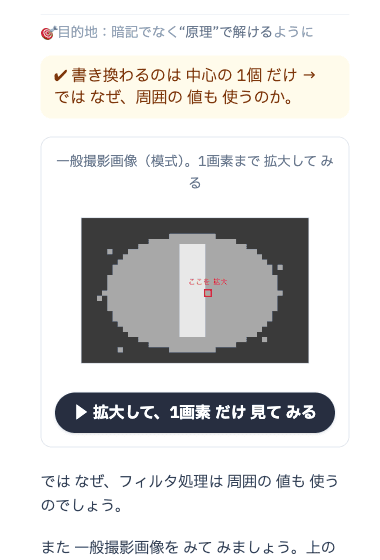 理解ルートの実物画面: X線画像を1画素まで拡大して「なぜ周囲の値も使うのか」へ降りる場面